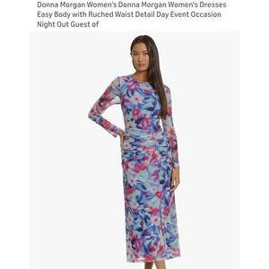 Donna Morgan Floral Mesh Ruched Waist Midi Dress Blue Pink Long Sleeve New